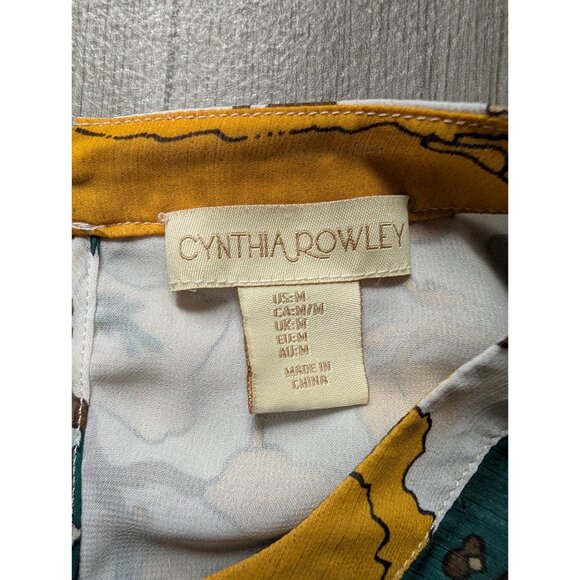 Cynthia Rowley Floral Print Blouse Yellow Teal Brown Short Sleeve Lightweight Wo - Picture 5 of 8